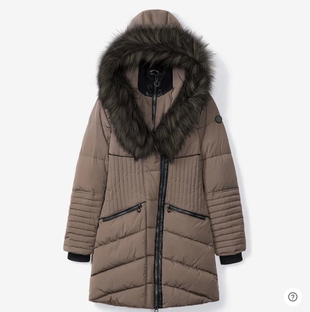 Noize Gigi Mocha Mid Length Parka Puffer Jacket faux fur hood Trim Sz. Med